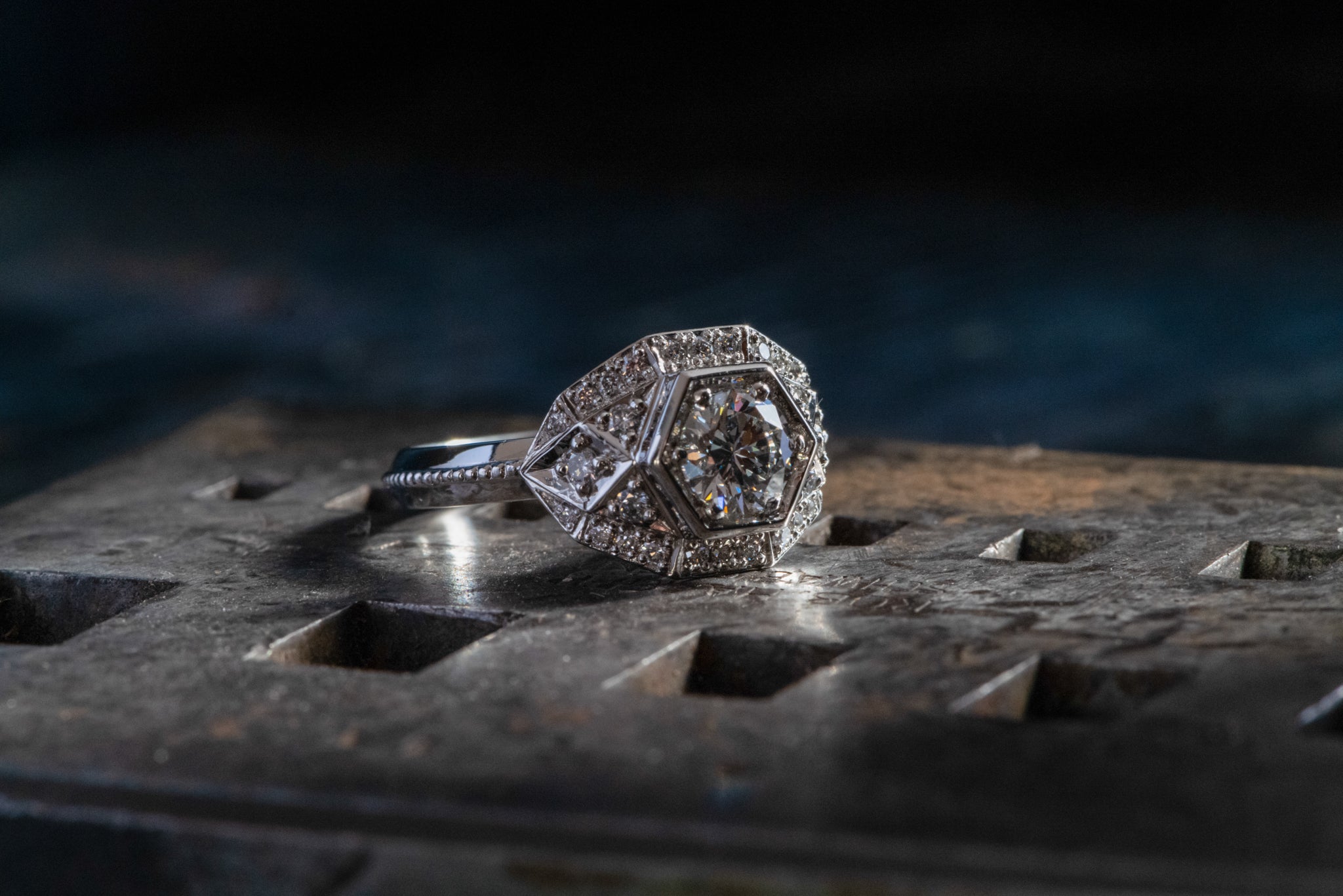 Close up of a diamond ring with a platinum band