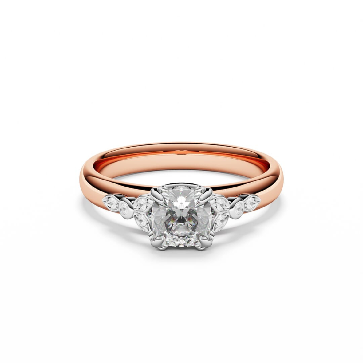Rose gold ring with cushion cut diamonds