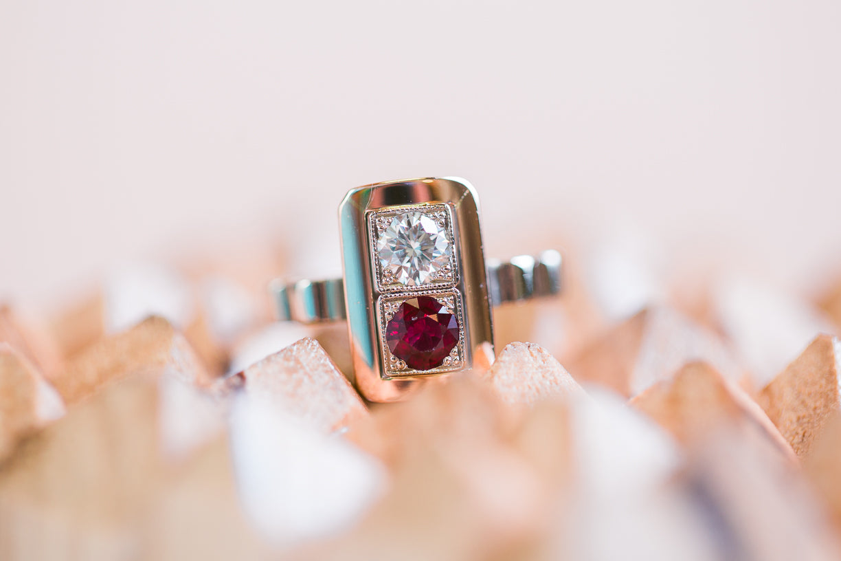Custom ring with red sapphire and diamond stones