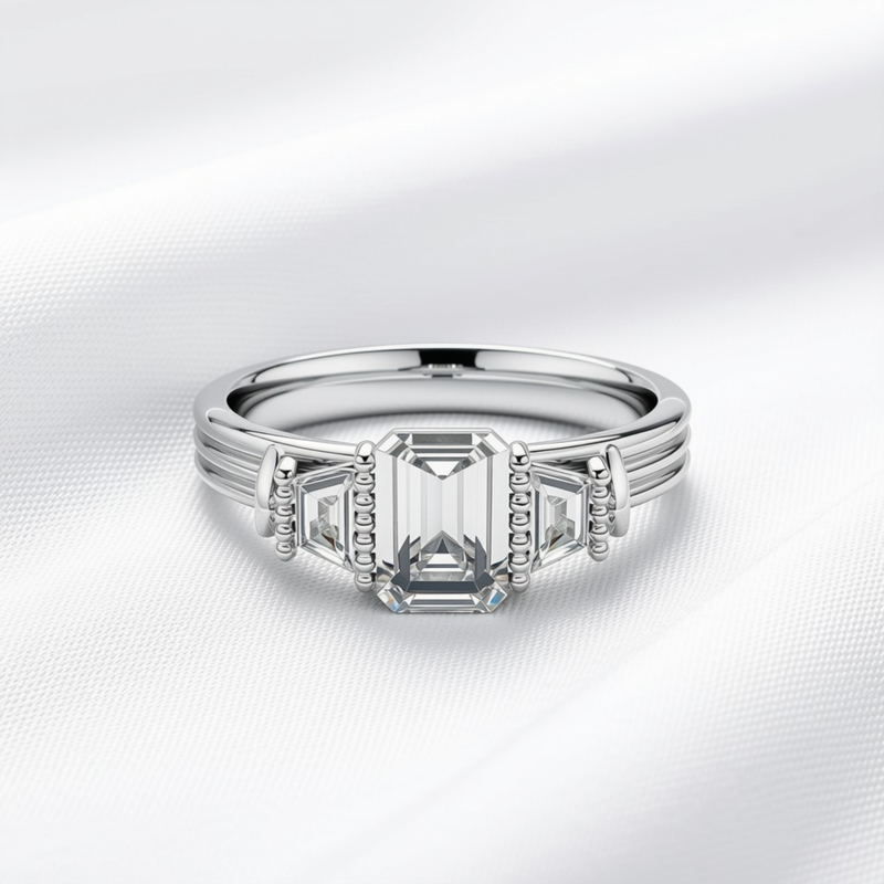 Grace 05 - Emerald Cut Diamond Trilogy Engagement Ring
