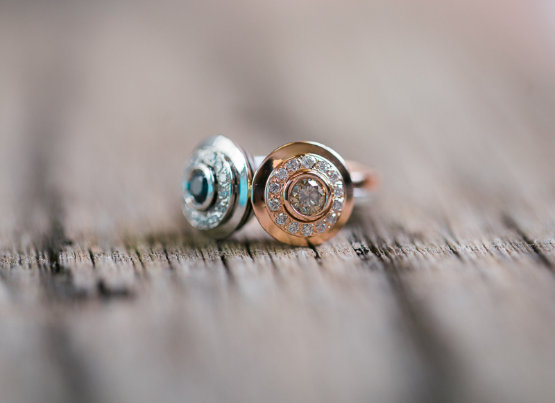 Close up of two ring made by Terry Cockrem one in rose gold and other in platinum