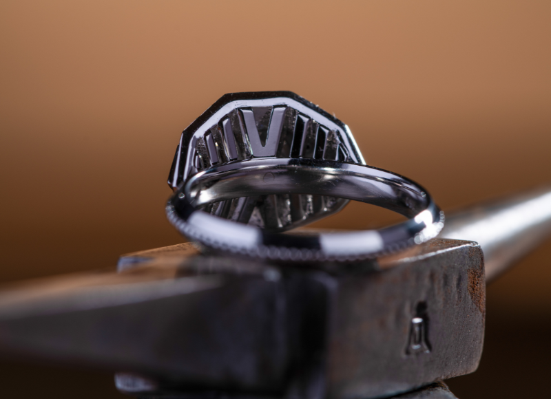 Close up showing the back details of a ring from the Erte Mae collection